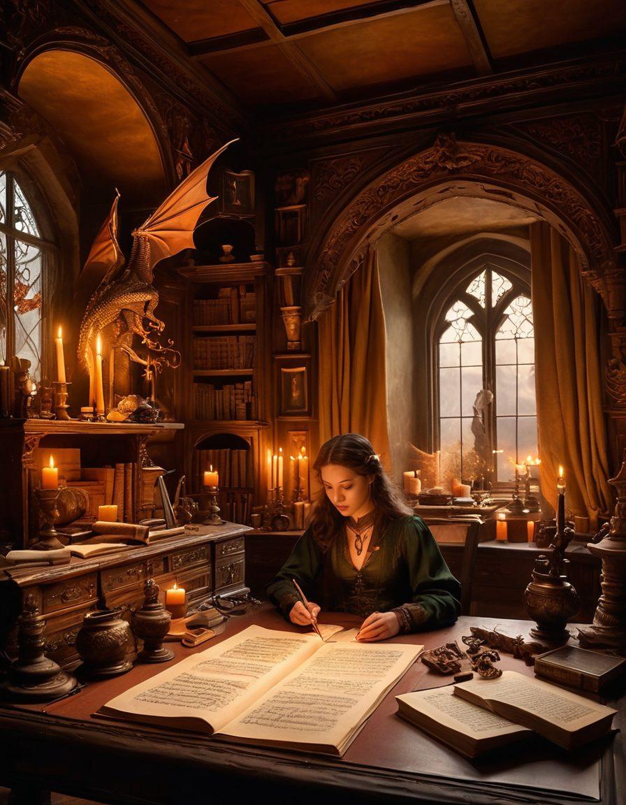 An enchanting writer's desk scattered with mystical scrolls, quills, and ink pots, illuminated by the soft glow of a candle. In the background, ethereal landscapes featuring dragons and ancient castles merge with swirling magical elements. A silhouette of an author deep in thought, embodying the essence of fantasy storytelling. Painting style with rich colors and intricate details, invoking a sense of wonder and creativity.