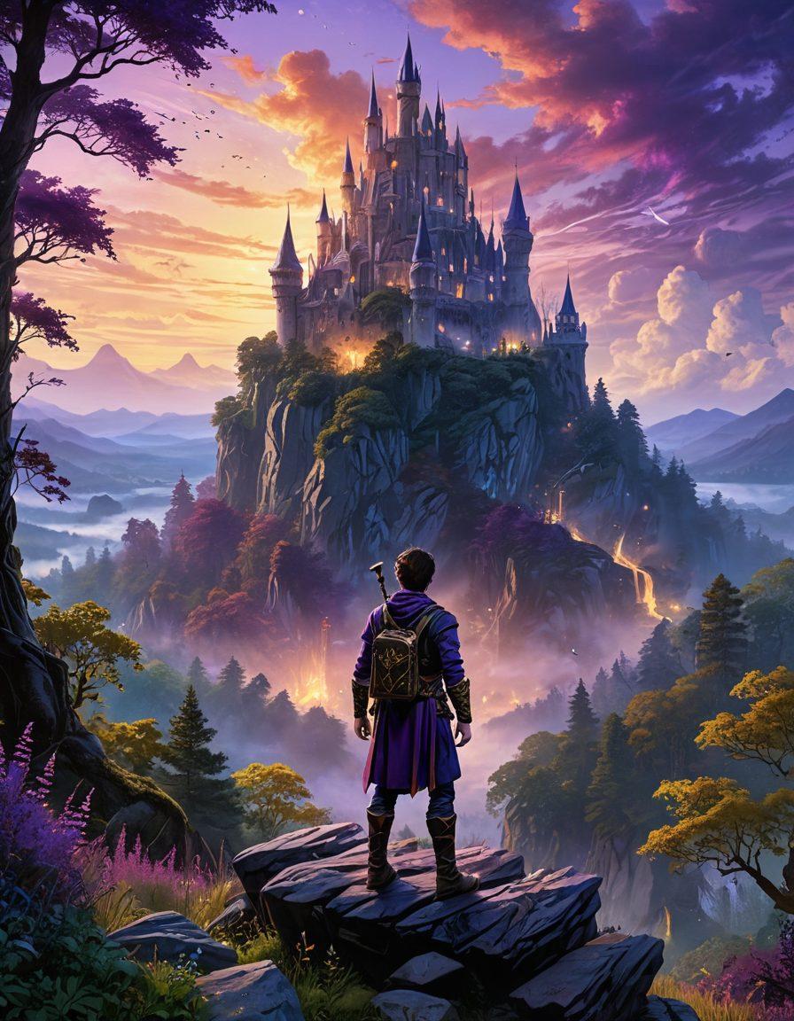 A fantastical landscape with towering castles and lush forests, where a young hero stands holding a mystical book that glows with ancient runes. Ethereal beings, inspired by Erikson's characters, weave through the air, depicting the essence of epic tales. The sky is painted with vivid colors of twilight, blending shades of purple and gold. The scene is dynamic, showcasing elements of adventure and magic in a captivating way. super-realistic. vibrant colors. epic fantasy style.